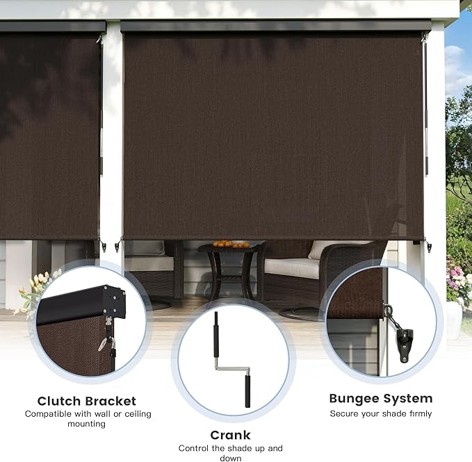 Outdoor Roller Shade, Exterior Patio Cordless Blinds with Aluminum Valance Roll Up Shades for Porch Balcony Backyard (4' W X 8' L), Chocolate
