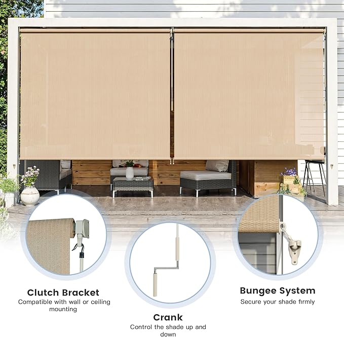 Outdoor Roller Shades (8' W X 8' L), Cordless Patio Blinds with Wand, 220 GSM Roll Up Shade for Porch Balcony Backyard, Wheat