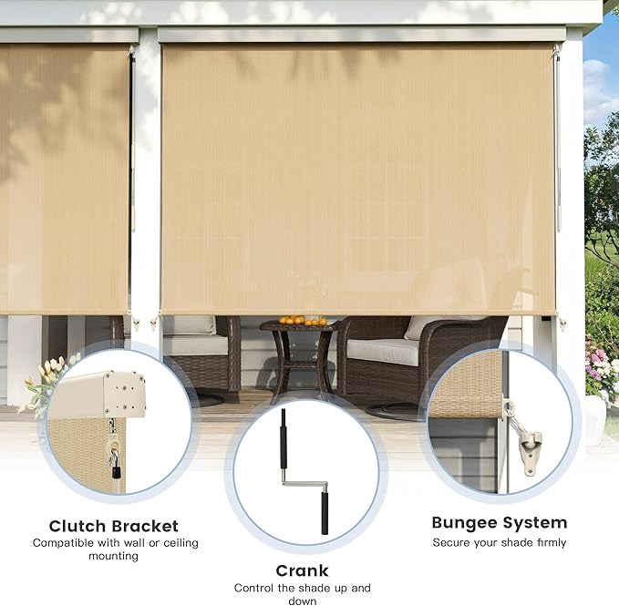 Outdoor Roller Shade, Exterior Patio Cordless Blinds with Aluminum Valance Roll Up Shades for Porch Balcony Backyard (4' W X 8' L), Wheat
