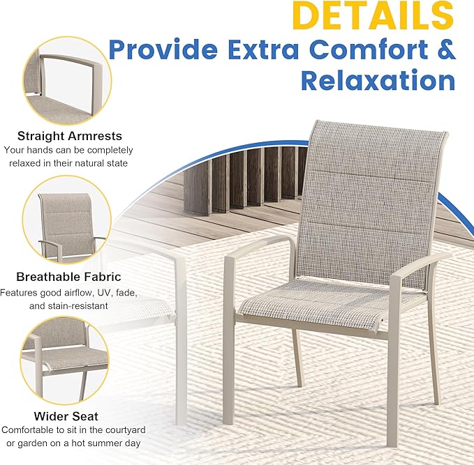 VICLLAX Stackable Patio Chairs Set of 4, All Weather Metal Outdoor Dining Chairs with Padded Foam for Lawn, Garden, Poolsides, Cream Color Frame