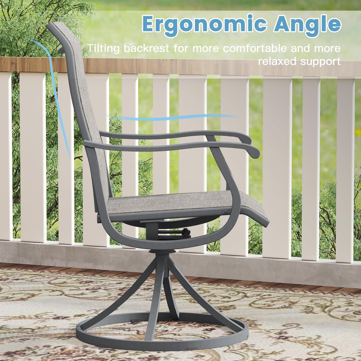 DIFY Outdoor Dining Set for 6, Swivel Chairs & Rectangle Table, Grey| High-back Swivel Textilene Patio Dining Chairs, 63" Rectangle Metal Dining Table, Umbrella Hole, For Garden Backyard Deck