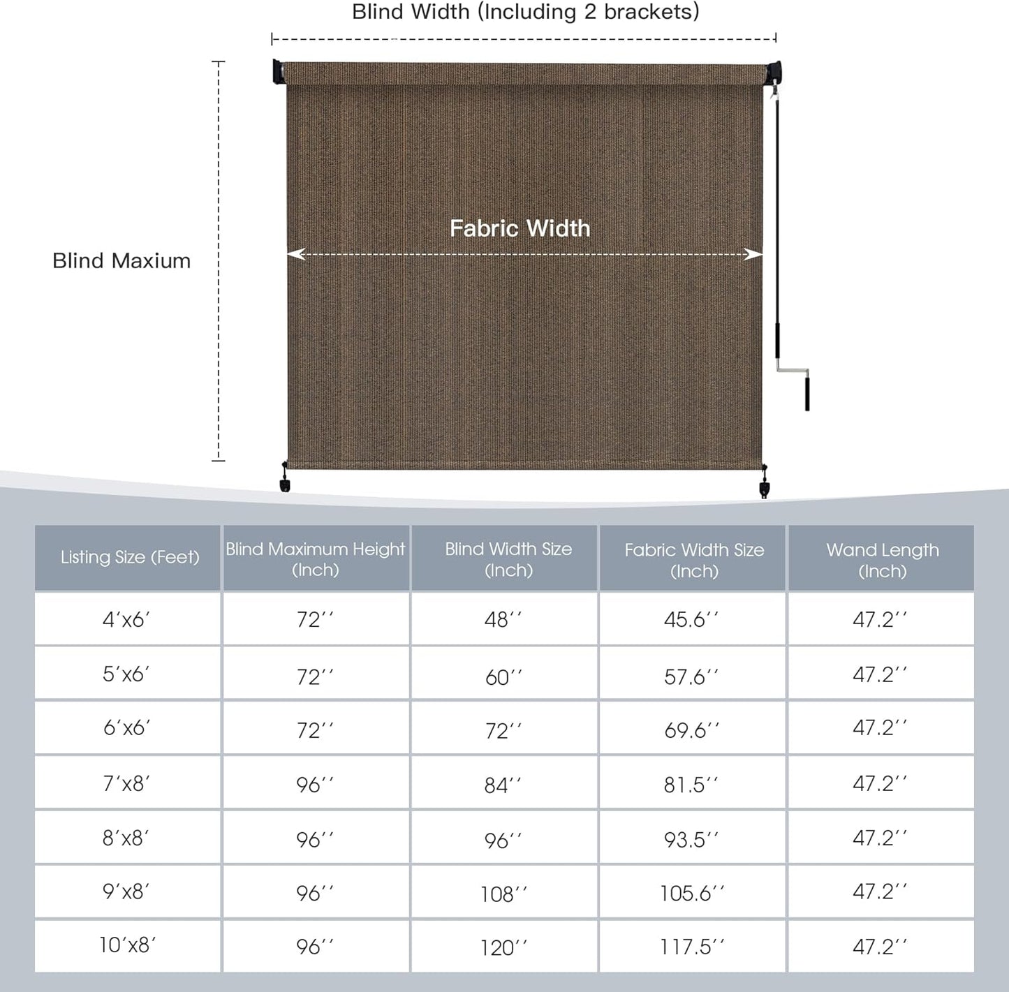 Outdoor Roller Shades (4' W X 6' L), Cordless Patio Blinds with Wand, 220 GSM Roll Up Shade for Porch Balcony Backyard, Mocha