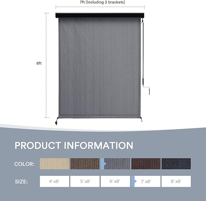 Outdoor Roller Shade, Exterior Patio Cordless Blinds with Aluminum Valance Roll Up Shades for Porch Balcony Backyard (7' W X 8' L), Anthracite Grey