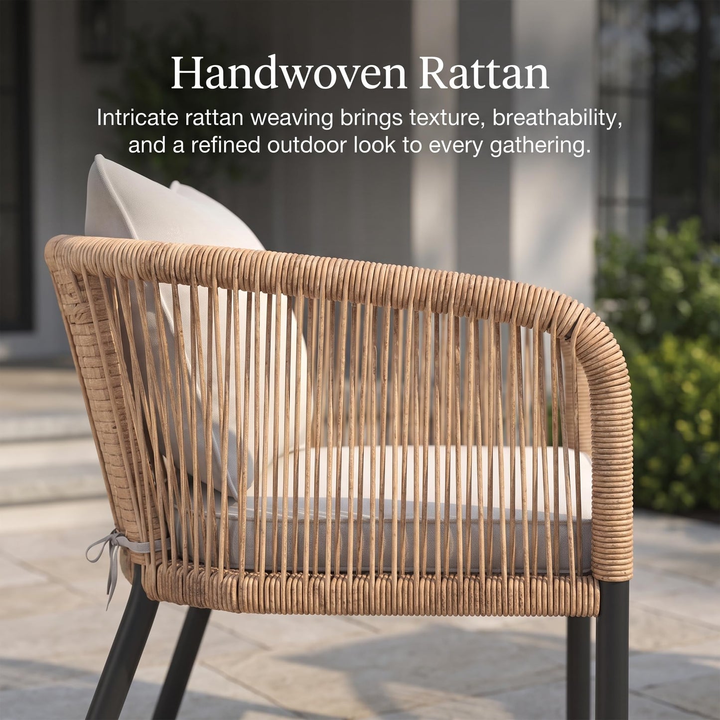 DIFY 7 Piece Patio Dining Set, 53" Round Table & Wicker Chairs, Sandshell| Woven Round Rattan, Rust-Resistant Metal, Heavy Duty Frame, Waterproof Cushion, Wide Seating, Built-In Umbrella Hole