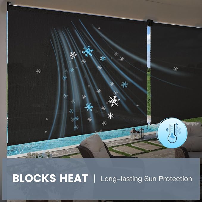 Outdoor Roller Shades (7' W X 8' L), Patio Blinds with Chain Clutch Operation, HDPE Roll Up Shade for Porch Patio Deck, Graphite Black