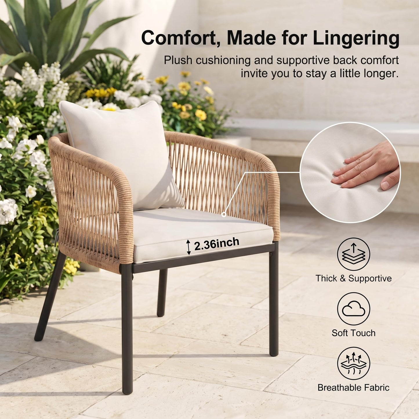 DIFY 7 Piece Patio Dining Set, 53" Round Table & Wicker Chairs, Sandshell| Woven Round Rattan, Rust-Resistant Metal, Heavy Duty Frame, Waterproof Cushion, Wide Seating, Built-In Umbrella Hole