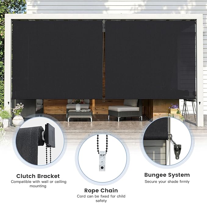 Outdoor Roller Shades (7' W X 8' L), Patio Blinds with Chain Clutch Operation, HDPE Roll Up Shade for Porch Patio Deck, Graphite Black