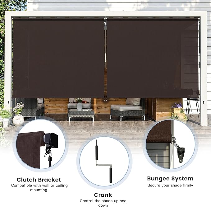 Outdoor Roller Shades (5' W X 6' L), Cordless Patio Blinds with Wand, 220 GSM Roll Up Shade for Porch Balcony Backyard, Chocolate