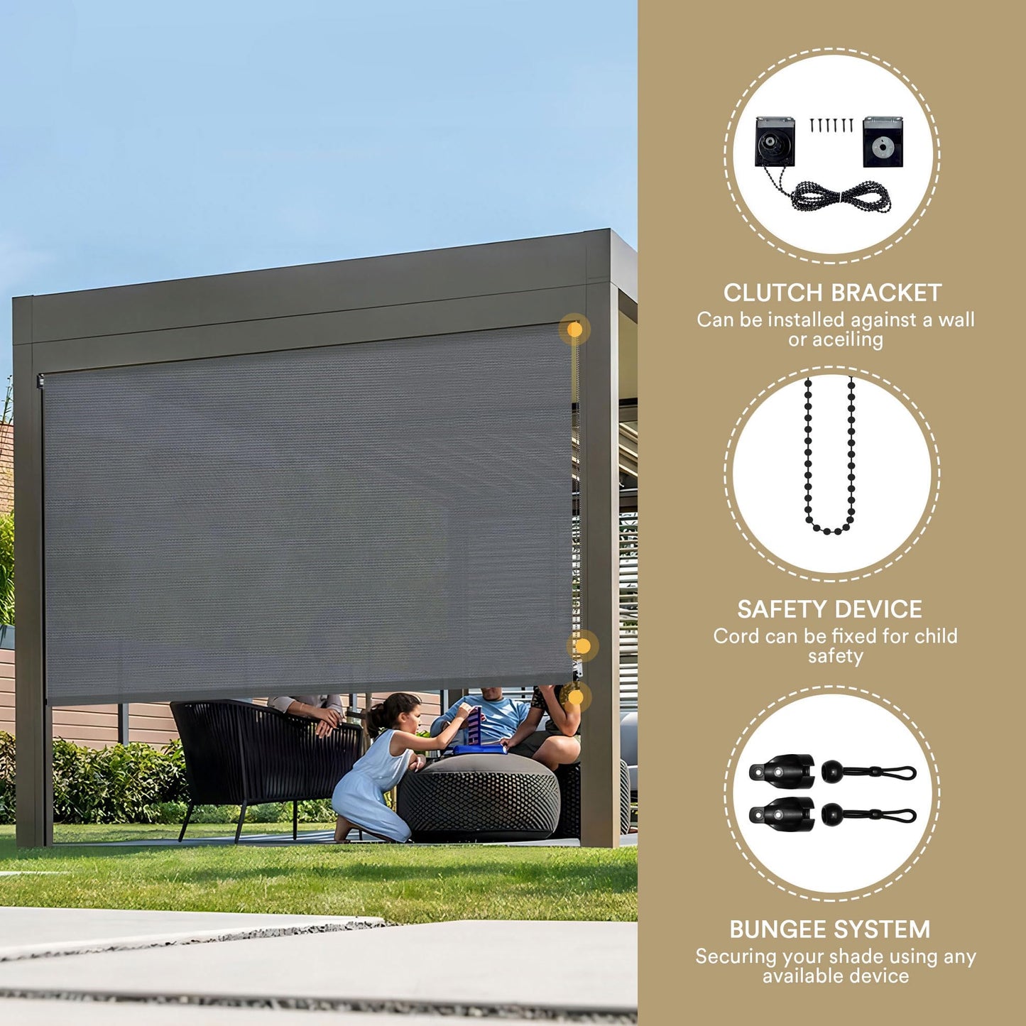 DIFY Outdoor Roller Shade Blinds Roll Up, Exterior Roller Shade Chain Operation 8 * 8FT for Patio Yard Deck Porch, Anthracite