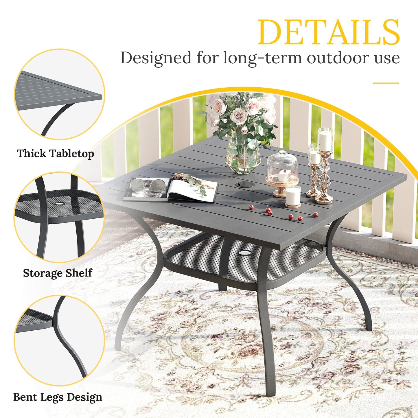 Vicllax Outdoor Patio Dining Table for 4, Metal Square Table with Storage