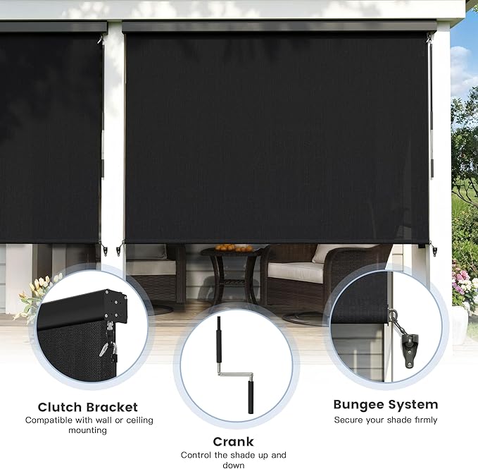 Outdoor Roller Shade, Exterior Patio Cordless Blinds with Aluminum Valance Roll Up Shades for Porch Balcony Backyard (4' W X 8' L), Graphite Black