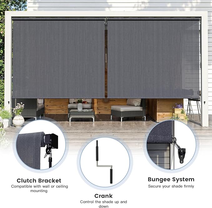 Outdoor Roller Shades (8' W X 8' L), Cordless Patio Blinds with Wand, 220 GSM Roll Up Shade for Porch Balcony Backyard, Anthracite Grey