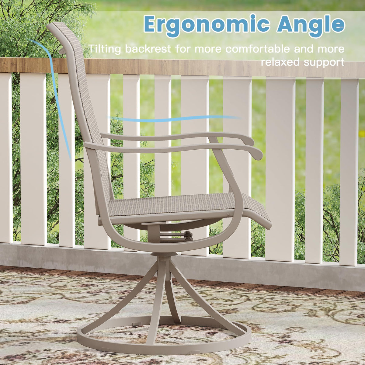 DIFY Outdoor Dining Set for 6, Swivel Chairs & Round Table, Sandshell| High-back Swivel Textilene Patio Dining Chairs, 53" Round Metal Dining Table, Umbrella Hole, For Garden Backyard Deck