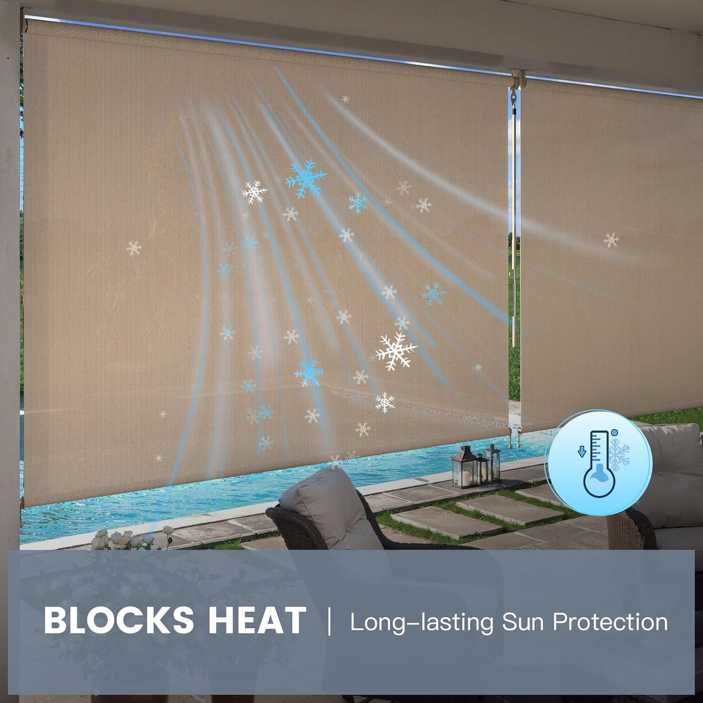 Outdoor Roller Shades (8' W X 8' L), Cordless Patio Blinds with Wand, 220 GSM Roll Up Shade for Porch Balcony Backyard, Wheat
