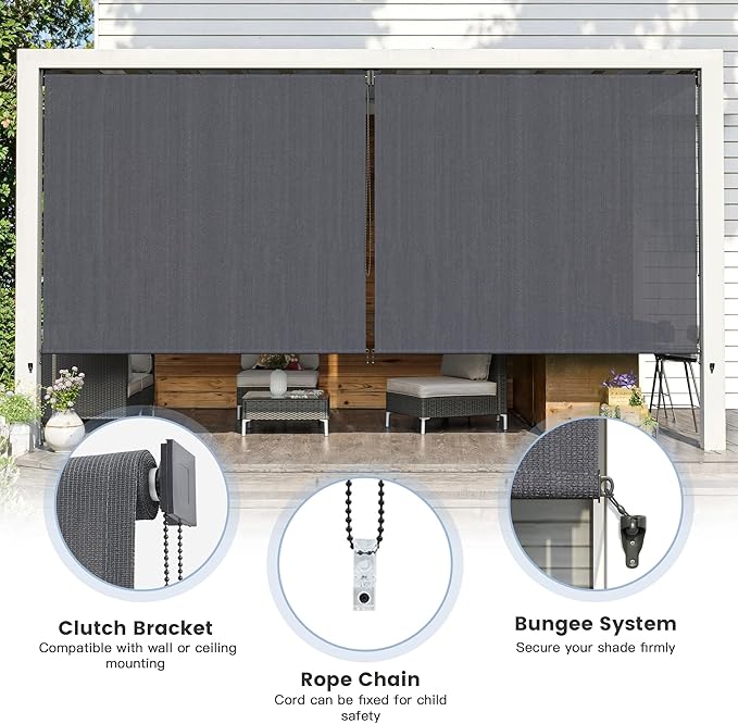 Outdoor Roller Shades (7' W X 8' L), Patio Blinds with Chain Clutch Operation, HDPE Roll Up Shade for Porch Patio Deck, Anthracite Grey