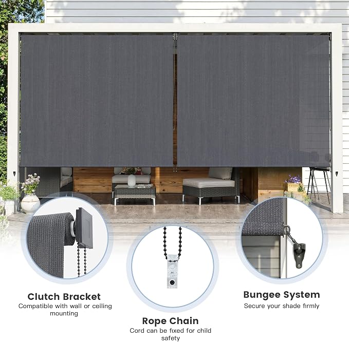Outdoor Roller Shades (6' W X 6' L), Patio Blinds with Chain Clutch Operation, HDPE Roll Up Shade for Porch Patio Deck, Anthracite Grey