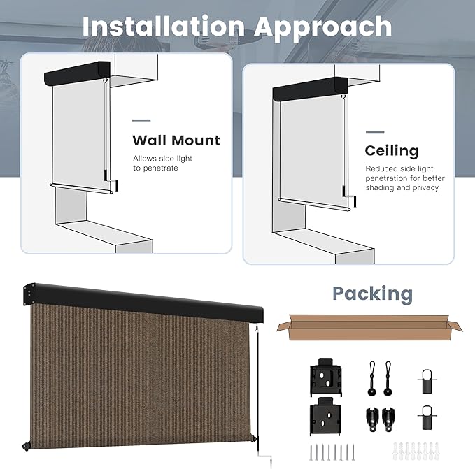 Outdoor Roller Shade, Exterior Patio Cordless Blinds with Aluminum Valance Roll Up Shades for Porch Balcony Backyard (4' W X 8' L), Mocha