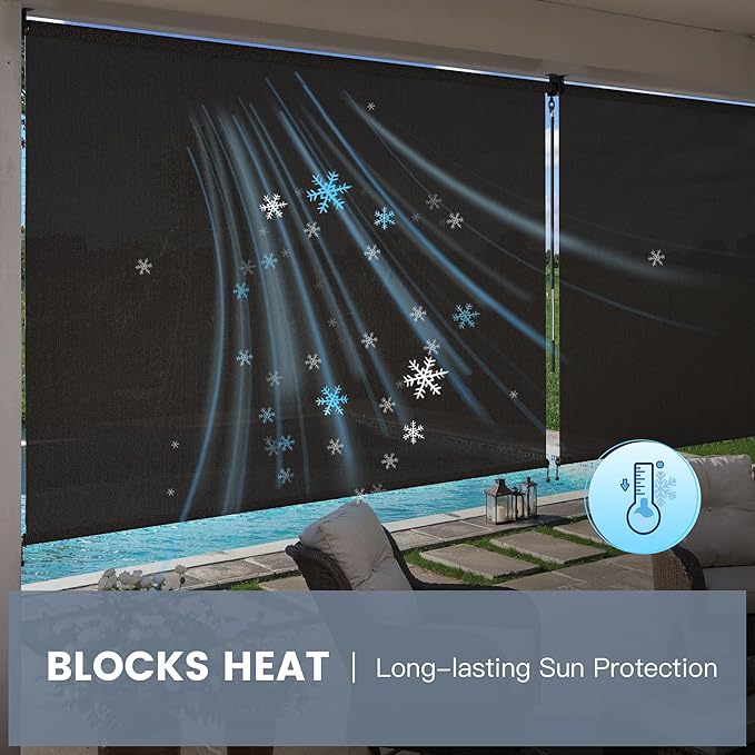 Outdoor Roller Shade 7' W x 8' L, Cordless Patio Roll Up Blind with Wand, 220 GSM Outdoor Shades for Patio Porch Pergola Backyard, Graphite Black