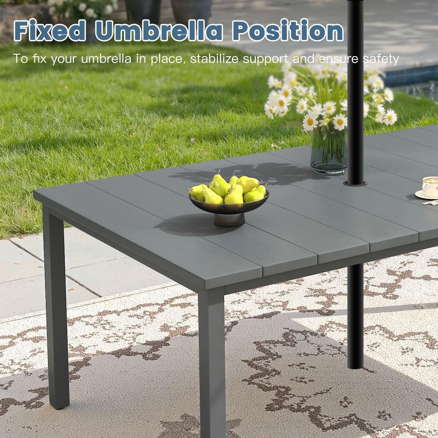 DIFY Outdoor Dining Set for 6, Swivel Chairs & Rectangle Table, Grey| High-back Swivel Textilene Patio Dining Chairs, 63" Rectangle Metal Dining Table, Umbrella Hole, For Garden Backyard Deck