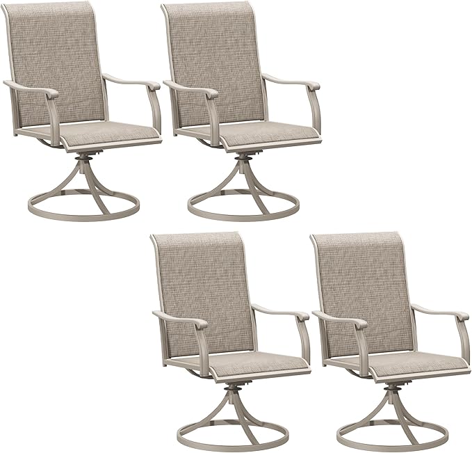 Patio Swivel Dining Chairs Set of 4, Outdoor Furniture Textilene High Back Lawn Chair with Armrests Metal Dinning Chairs for Garden, Porch, Backyard, Sandshell