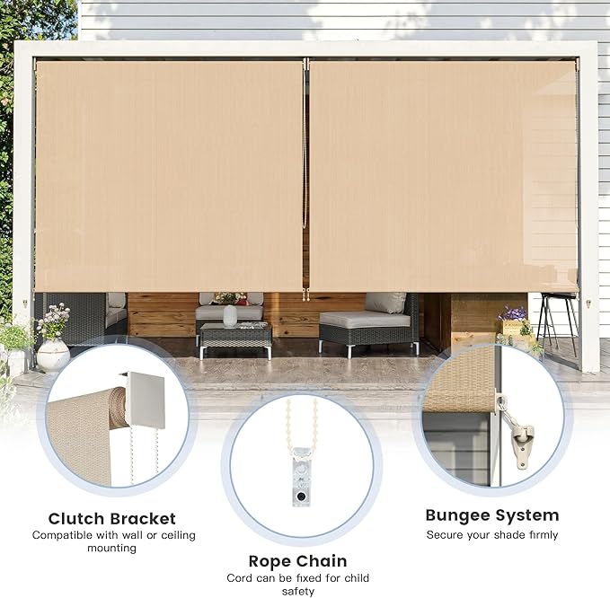 Outdoor Roller Shades (10' W X 8' L), Patio Blinds with Chain Clutch Operation, HDPE Roll Up Shade for Porch Patio Deck, Wheat