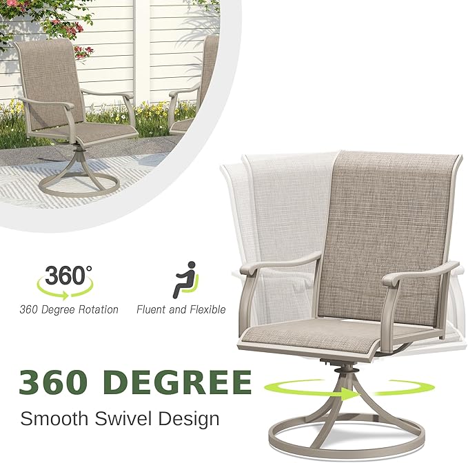Patio Swivel Dining Chairs Set of 4, Outdoor Furniture Textilene High Back Lawn Chair with Armrests Metal Dinning Chairs for Garden, Porch, Backyard, Sandshell