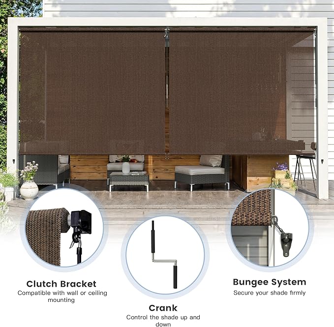 Outdoor Roller Shades (4' W X 6' L), Cordless Patio Blinds with Wand, 220 GSM Roll Up Shade for Porch Balcony Backyard, Mocha