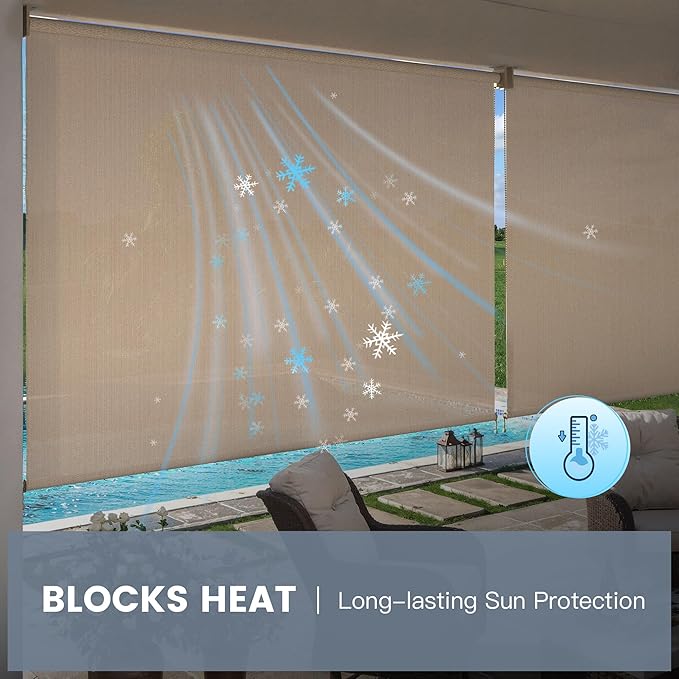 Outdoor Roller Shades (10' W X 8' L), Patio Blinds with Chain Clutch Operation, HDPE Roll Up Shade for Porch Patio Deck, Wheat