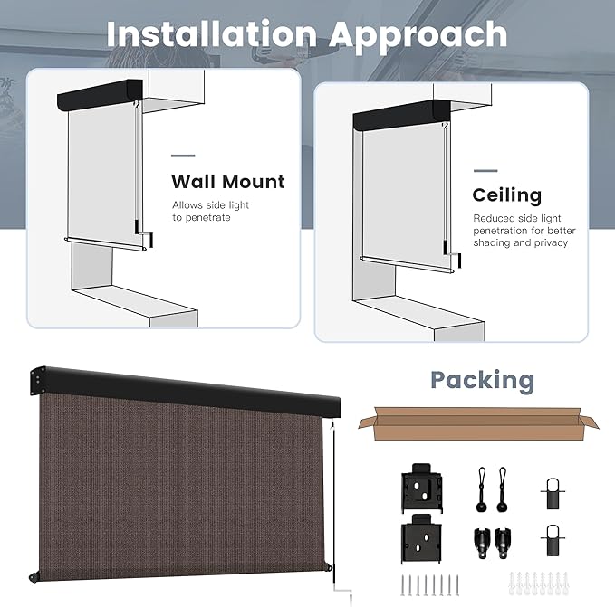 Outdoor Roller Shade, Exterior Patio Cordless Blinds with Aluminum Valance Roll Up Shades for Porch Balcony Backyard (4' W X 8' L), Chocolate