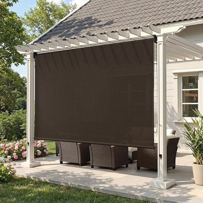 Outdoor Roller Shades (8' W X 8' L), Patio Blinds with Chain Clutch Operation, HDPE Roll Up Shade for Porch Patio Deck, Chocolate