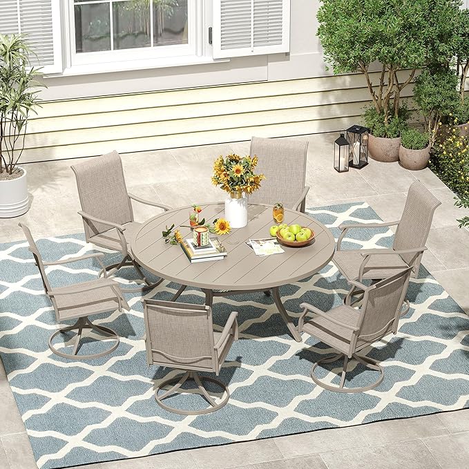 Patio Swivel Dining Chairs Set of 4, Outdoor Furniture Textilene High Back Lawn Chair with Armrests Metal Dinning Chairs for Garden, Porch, Backyard, Sandshell