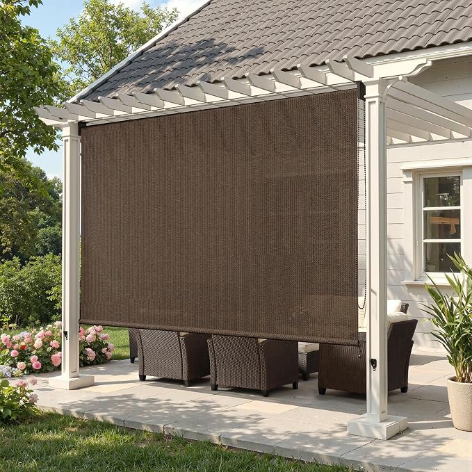 Outdoor Roller Shades with Spliced Design (9' W X 8' L), Patio Blinds with Chain Clutch Operation, HDPE Roll Up Shade for Porch Patio Deck, Mocha