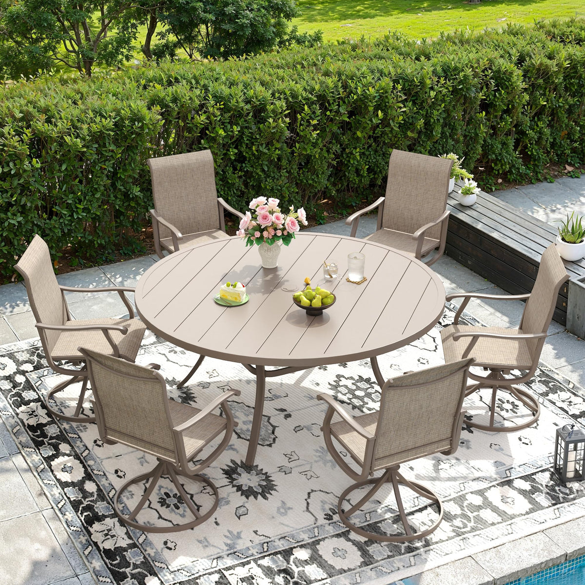 DIFY Outdoor Dining Set for 6, Swivel Chairs & Round Table, Sandshell| High-back Swivel Textilene Patio Dining Chairs, 53" Round Metal Dining Table, Umbrella Hole, For Garden Backyard Deck