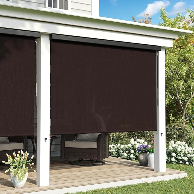 Outdoor Roller Shade, Exterior Patio Cordless Blinds with Aluminum Valance Roll Up Shades for Porch Balcony Backyard (4' W X 8' L), Chocolate