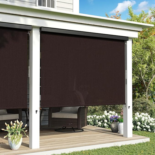 Outdoor Roller Shade, Exterior Patio Cordless Blinds with Aluminum Valance Roll Up Shades for Porch Balcony Backyard (4' W X 8' L), Chocolate