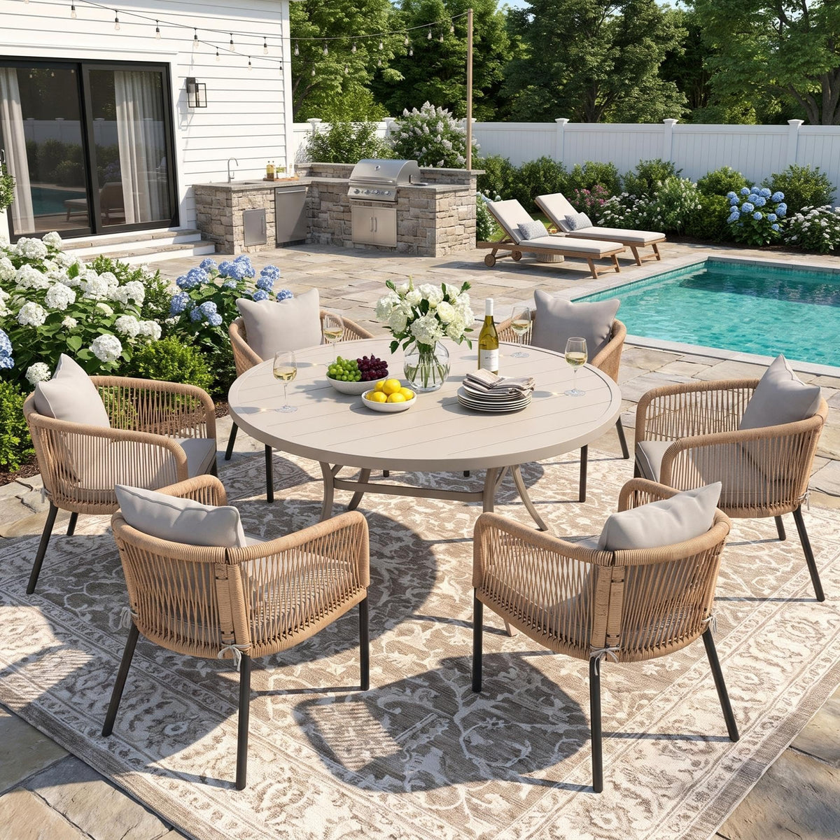 DIFY 7 Piece Patio Dining Set, 53" Round Table & Wicker Chairs, Sandshell| Woven Round Rattan, Rust-Resistant Metal, Heavy Duty Frame, Waterproof Cushion, Wide Seating, Built-In Umbrella Hole