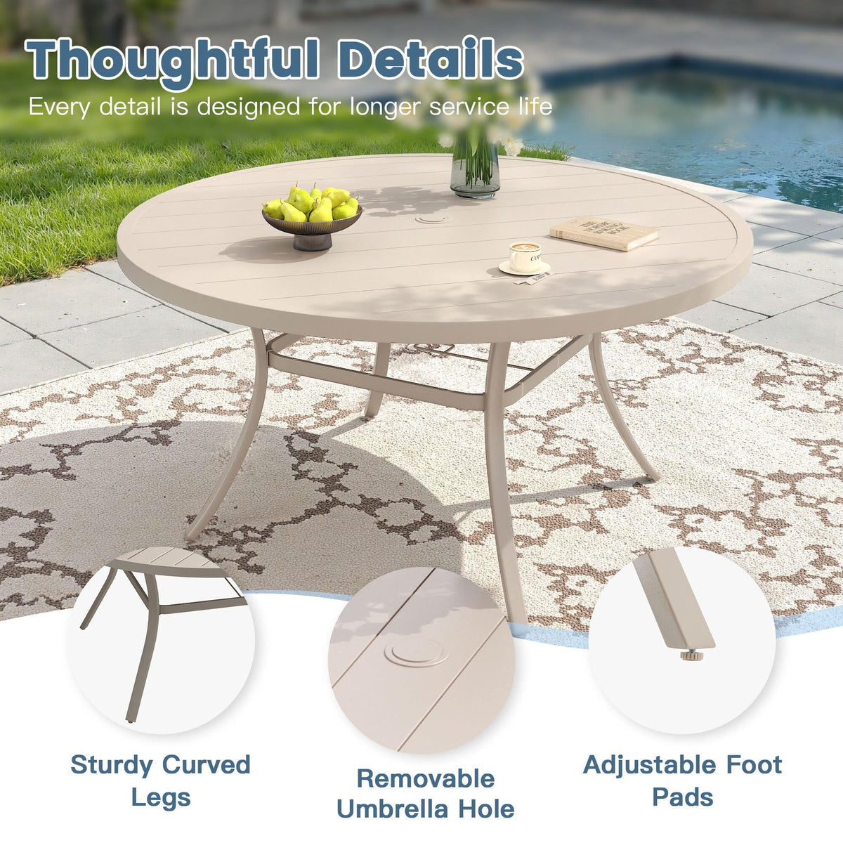 DIFY Outdoor Dining Set for 6, Swivel Chairs & Round Table, Sandshell| High-back Swivel Textilene Patio Dining Chairs, 53" Round Metal Dining Table, Umbrella Hole, For Garden Backyard Deck