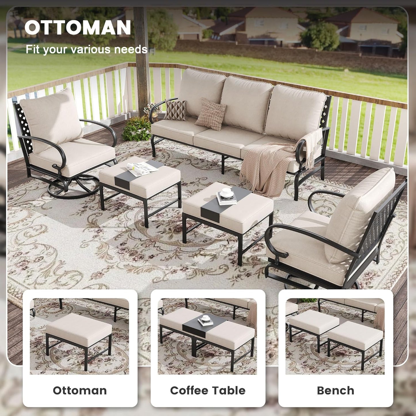 VICLLAX 5 Pieces Patio Furniture Set for 7, Outdoor Conversation Set Includes 3-seat Outdoor Sectional Sofa, 1 Patio Loveseat, 2 Swivel Patio Chairs and 2 Ottomans with Cushions for Garden, Beige
