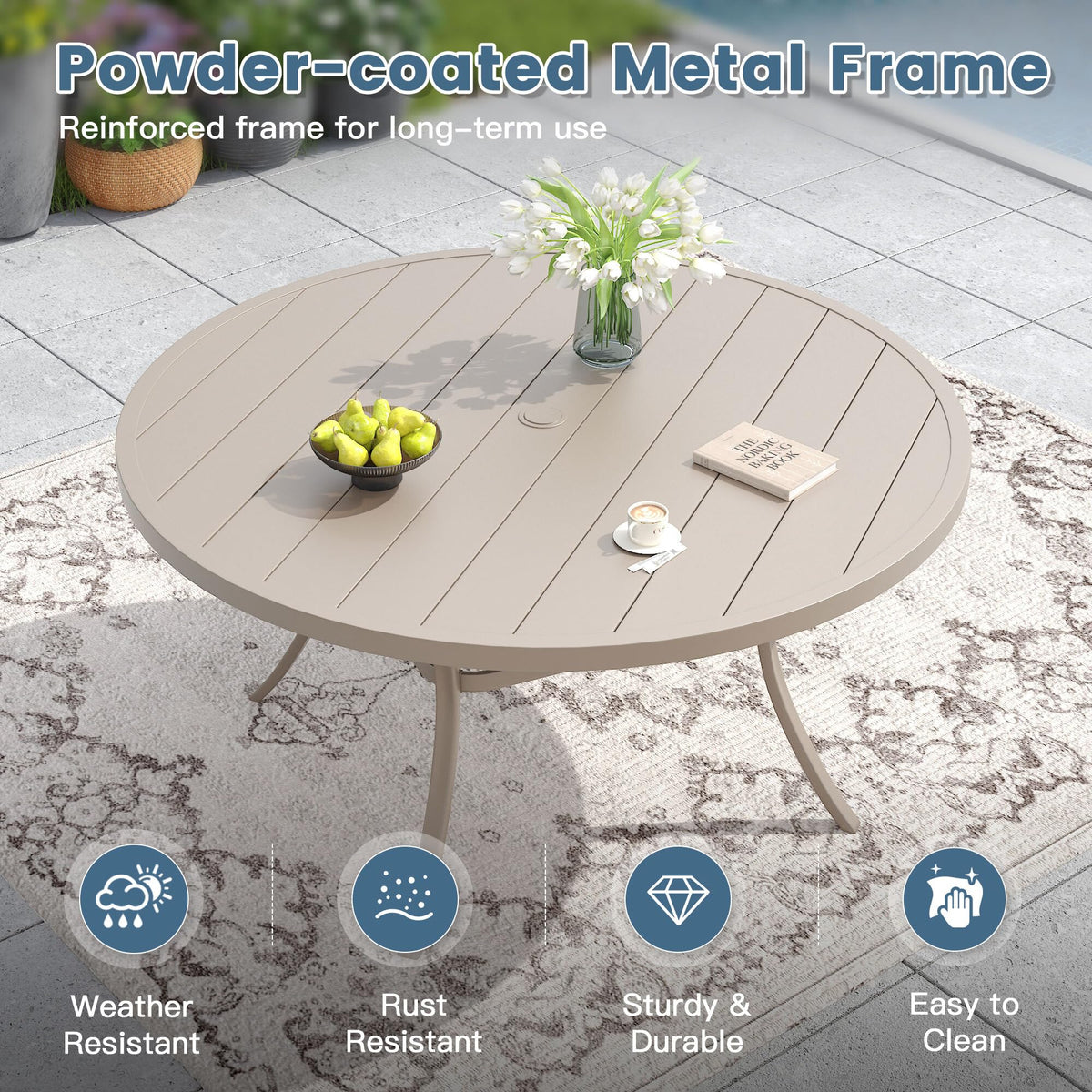 DIFY 7 Piece Patio Dining Set, 53" Round Table & Wicker Chairs, Sandshell| Woven Round Rattan, Rust-Resistant Metal, Heavy Duty Frame, Waterproof Cushion, Wide Seating, Built-In Umbrella Hole