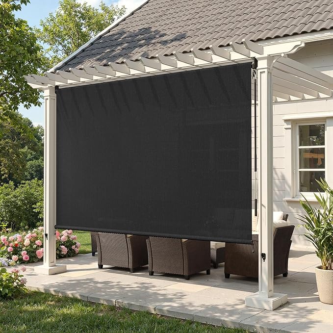 Outdoor Roller Shade 7' W x 8' L, Cordless Patio Roll Up Blind with Wand, 220 GSM Outdoor Shades for Patio Porch Pergola Backyard, Graphite Black