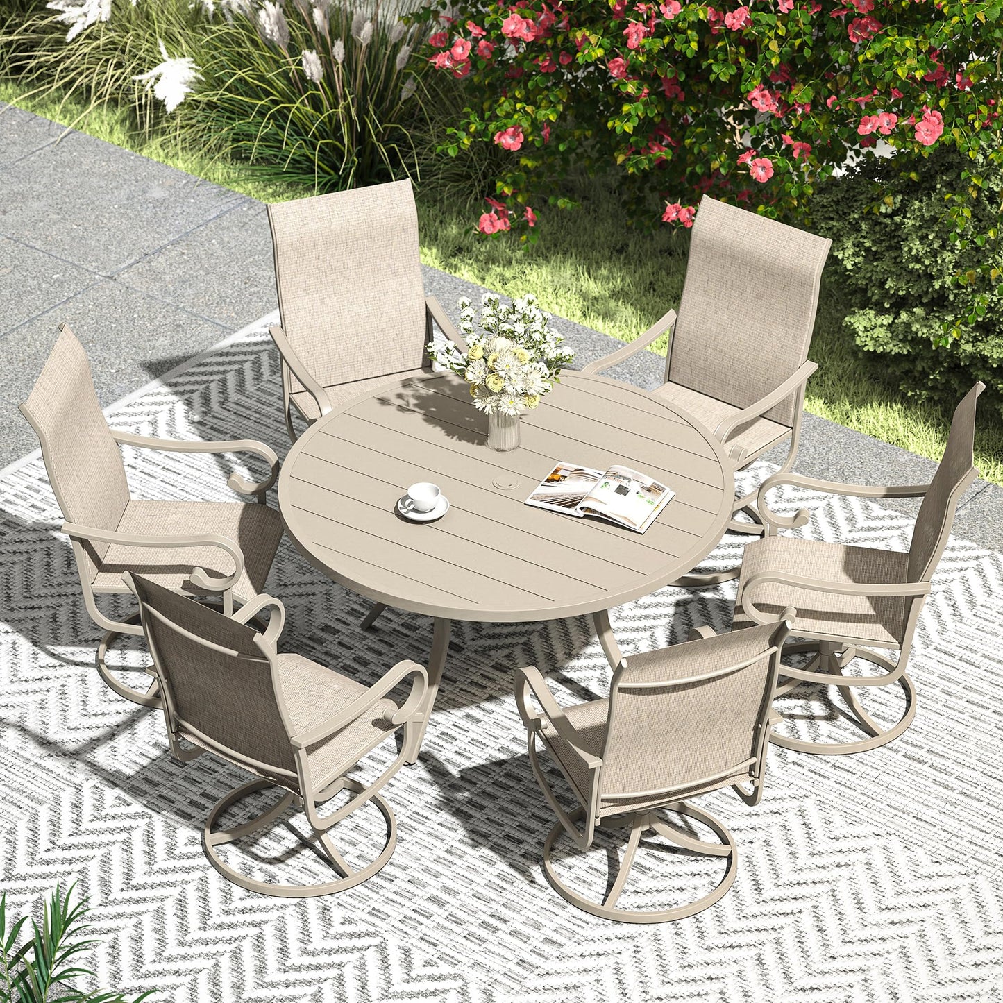VICLLAX 47.2" Outdoor Round Patio Table for Lawn Garden, All Weather Metal Round Outdoor Dining Table with Adjustable Umbrella Hole, 6 Person Patio Table, Sandshell Tabletop