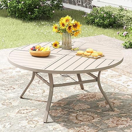 ARKOST Outdoor Patio Round Dining Table for 6, 50" x 50" Metal Sleek Slat Dining Table with Umbrella Hole for Lawn Garden Deck Backyard, Sandshell