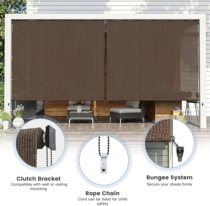 Outdoor Roller Shades (9' W X 8' L), Patio Blinds with Chain Clutch Operation, HDPE Roll Up Shade for Porch Patio Deck, Mocha
