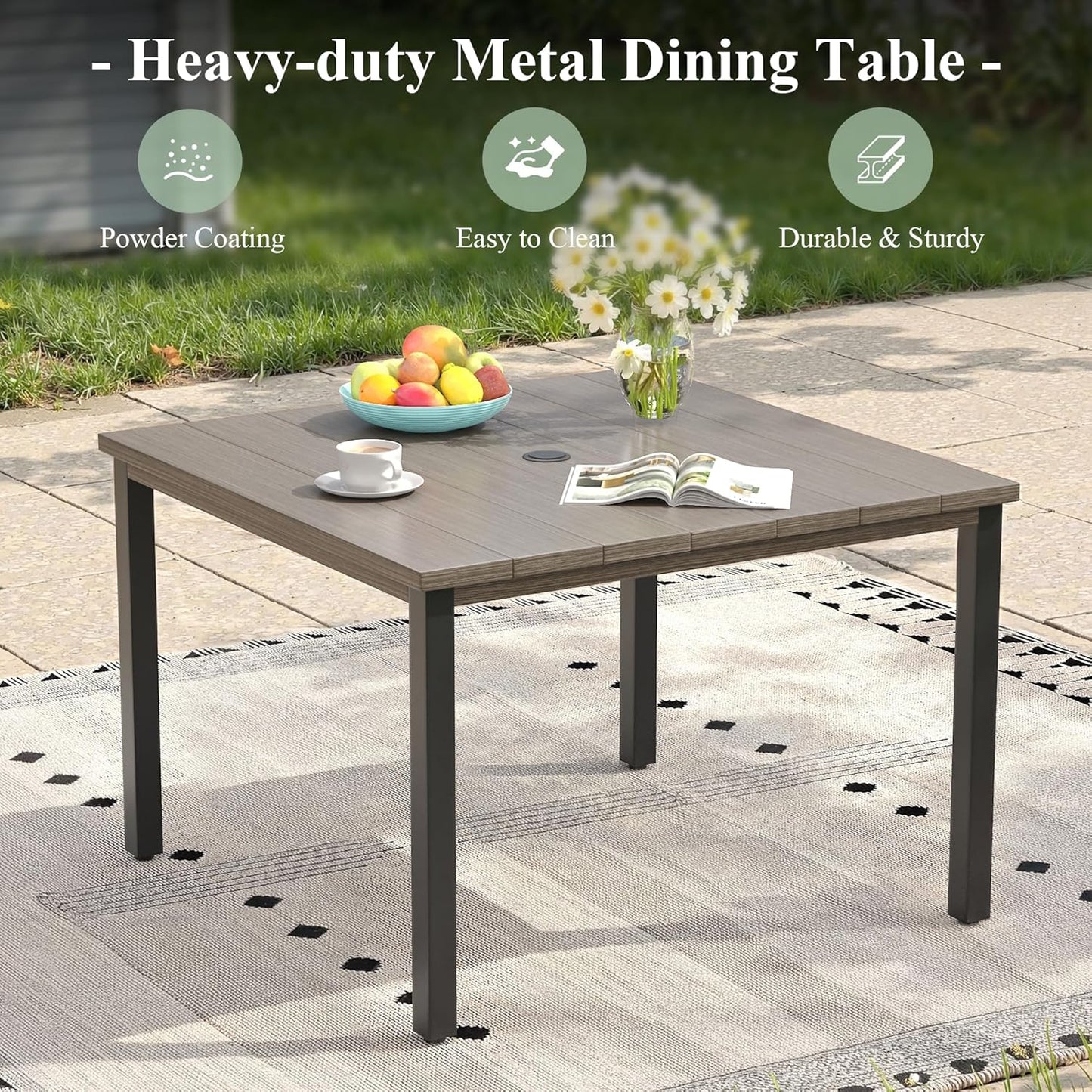 Outdoor Dining Table with Adjustable Umbrella Hole, 40.2" All-Weather Square Patio Dining Table for 4, Metal Patio Table for Garden Lawn Porch Deck Yard, Grey