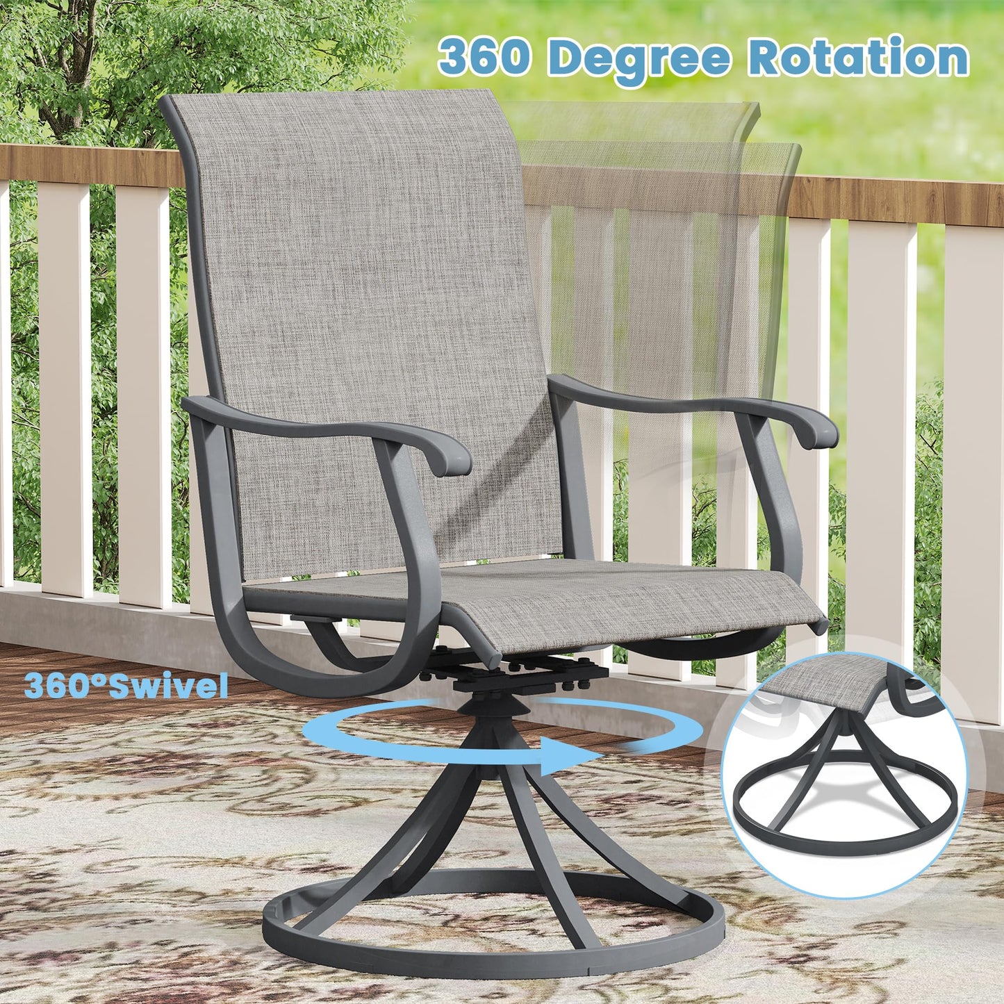 DIFY Outdoor Dining Set for 6, Swivel Chairs & Rectangle Table, Grey| High-back Swivel Textilene Patio Dining Chairs, 63" Rectangle Metal Dining Table, Umbrella Hole, For Garden Backyard Deck