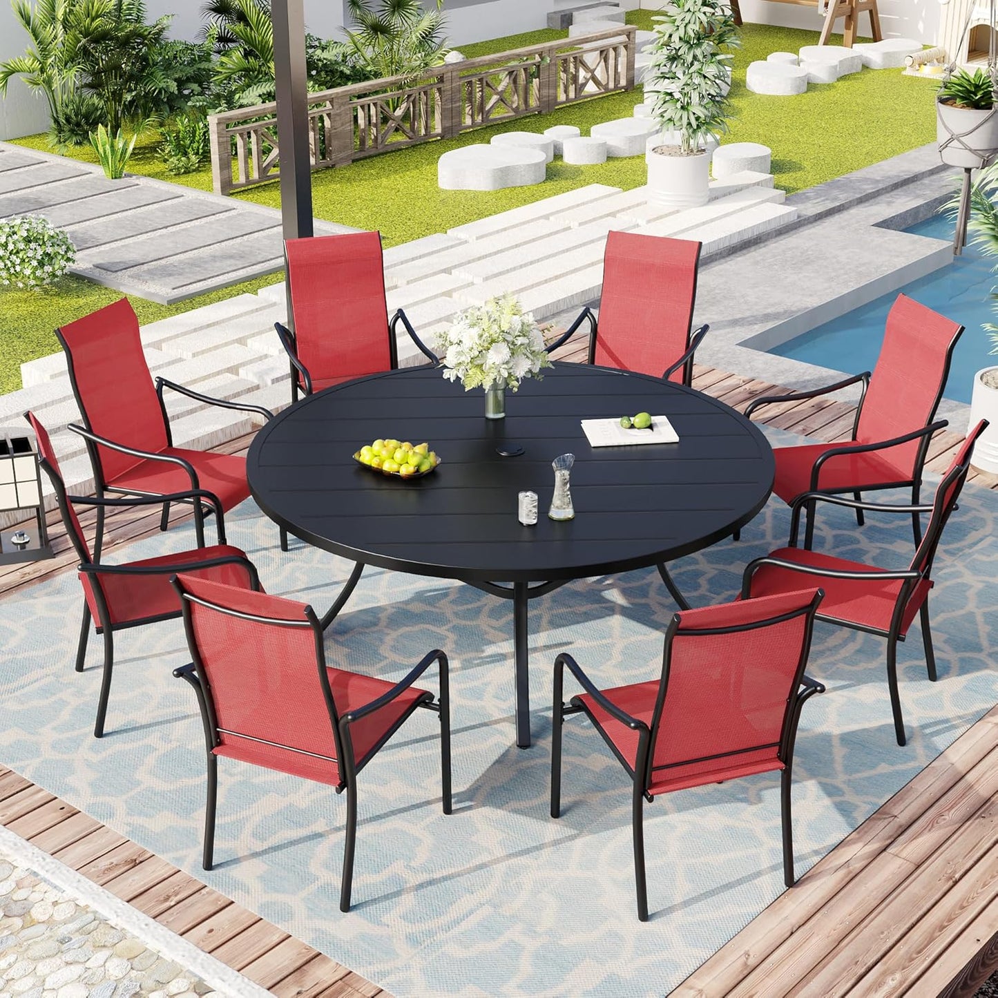 Patio Dining Table for 6, 53" x 53" Weather Resistant Round Outdoor Metal Dining Table with Umbrella Hole for Backyard Lawn Garden, Black Tabletop