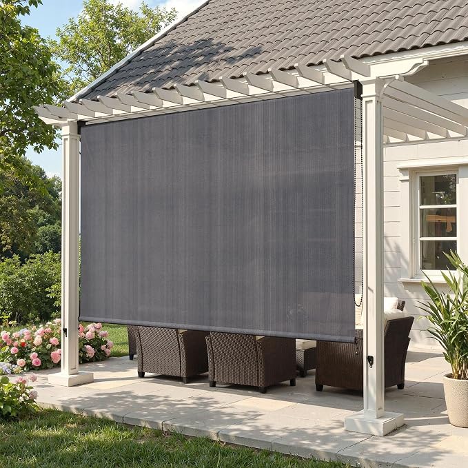 Outdoor Roller Shades (6' W X 6' L), Patio Blinds with Chain Clutch Operation, HDPE Roll Up Shade for Porch Patio Deck, Anthracite Grey