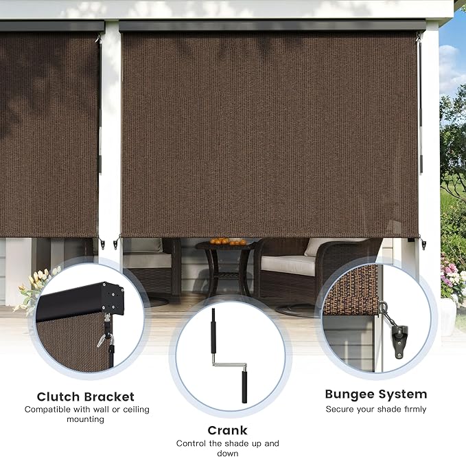 Outdoor Roller Shade, Exterior Patio Cordless Blinds with Aluminum Valance Roll Up Shades for Porch Balcony Backyard (4' W X 8' L), Mocha