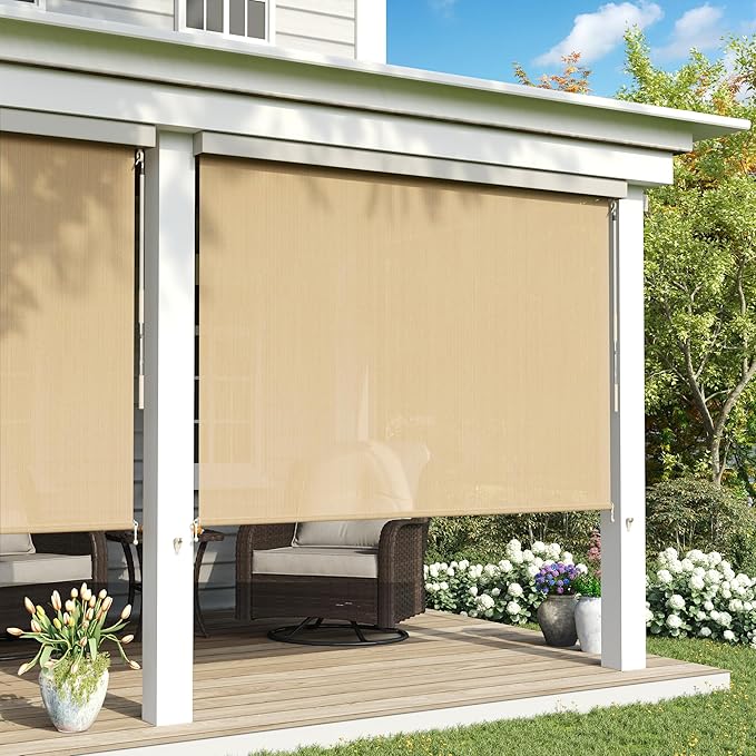 Outdoor Roller Shade, Exterior Patio Cordless Blinds with Aluminum Valance Roll Up Shades for Porch Balcony Backyard (4' W X 8' L), Wheat