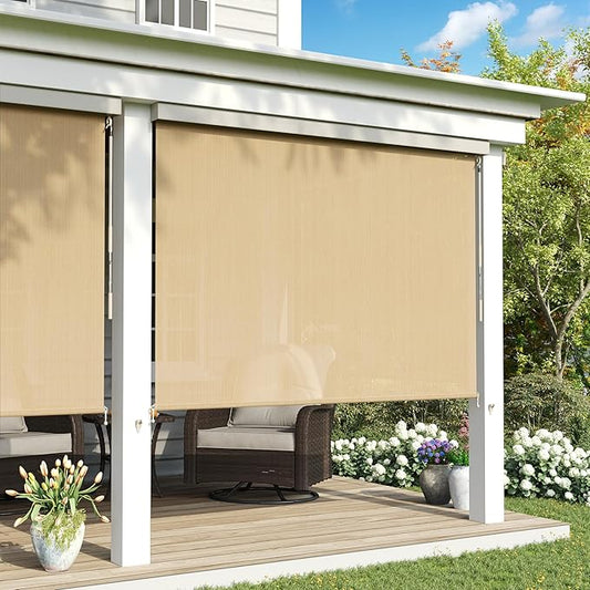 Outdoor Roller Shade, Exterior Patio Cordless Blinds with Aluminum Valance Roll Up Shades for Porch Balcony Backyard (4' W X 8' L), Wheat